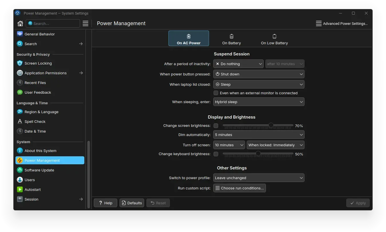 KDE Power Management AC
