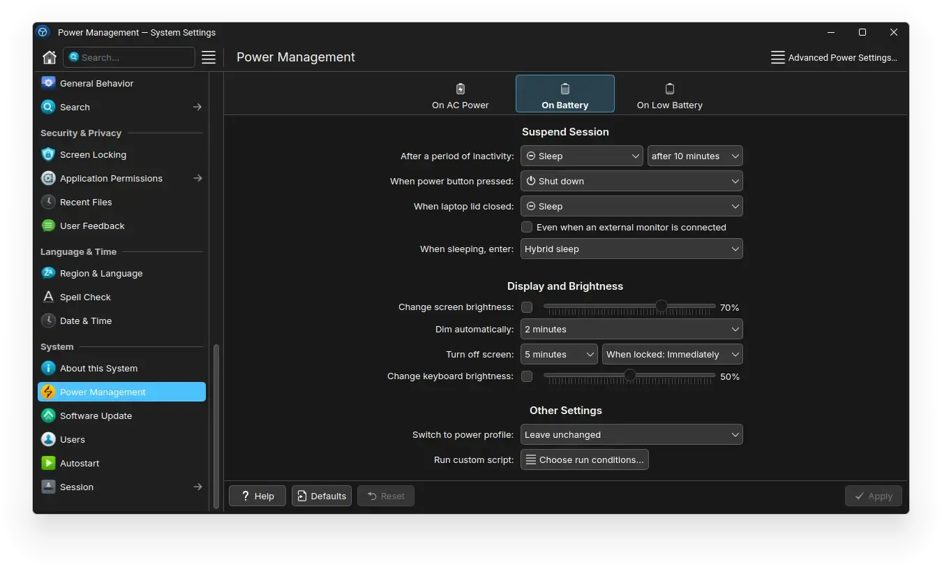 KDE Power Management Battery