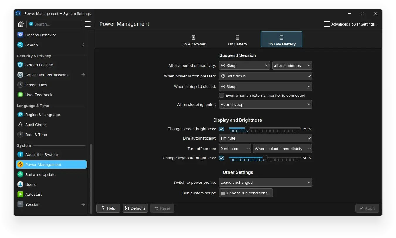 KDE Power Management Low Power
